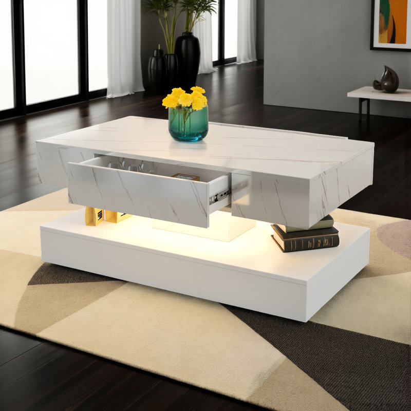 LED Coffee Table with Storage Drawer, Controlled Lights and Remote