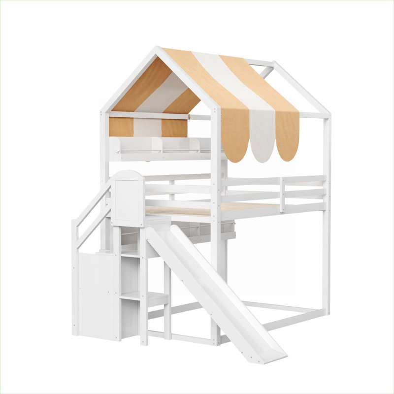 Full Sized Bunk Bed Playhouse Style With Canopy Slide Built-In Bookshelves Solid Wood White Finish, White