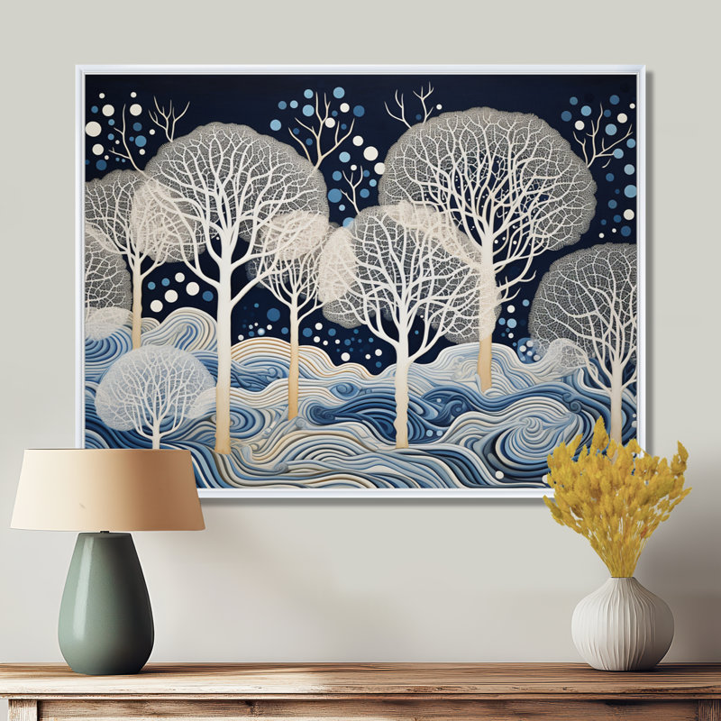 «Winter Magic Trees Blue Night - Tree Oak», reproduction d'art murale, Toile encadrée flottée blanche