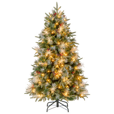 5 Ft Pre-Lit Artificial Christmas Tree With Red Berries And 8-Mode LED Lighting