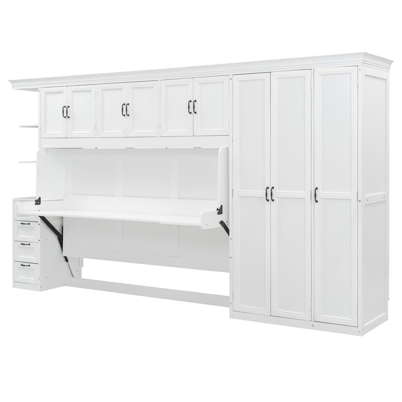 Lit escamotable simple avec armoire, bureau et bureau, blanc