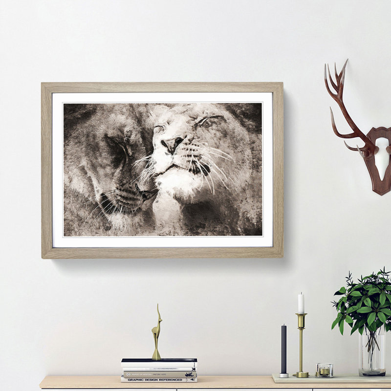 Pair of Loving Lions - Picture Frame Graphic Art Print, Oak Framed, 36cm H x 48cm W x 2cm D