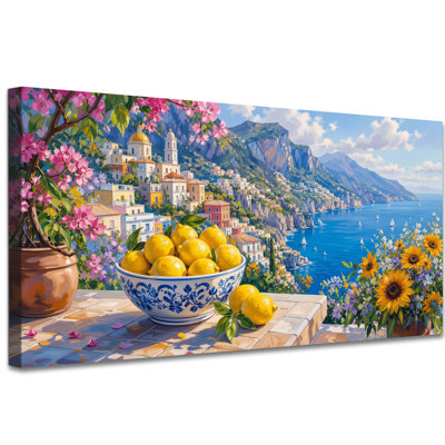 Amalfi Lemon Canvas Wall Art Featuring a Blue-and-White Ceramic Bowl Overflowing with, Colorful Coastal Table Character for Kitchen, Gallery Wrapped and Ready to Hang, 24 x 12 Inch