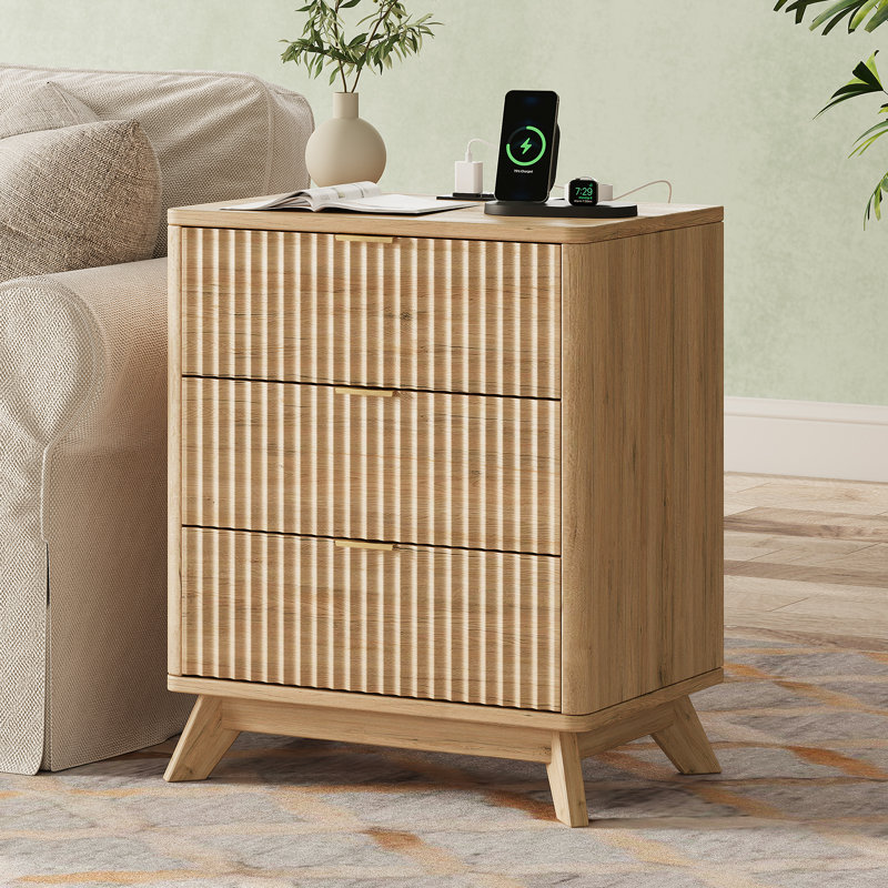 Donati Fluted Nightstand with Charging Station, Natural