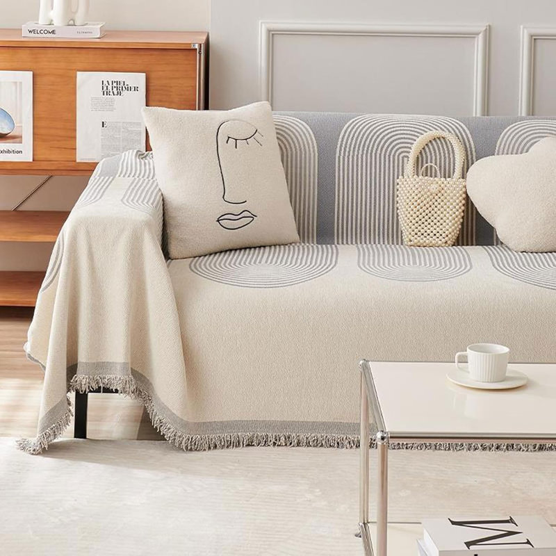 Chenille Sofa Cover Blanket Couch Cover Multifunctional Sofa Protectortowel Geometric Line Pattern Non-slipwith Tassel, Gray