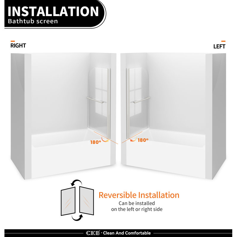 35 In. W X 55 In. H Frameless Pivot Tub Door 1/5" Clear Glass With Towel Bar, Chorme. 180 Degree Rotatable Bathtub Shower Door