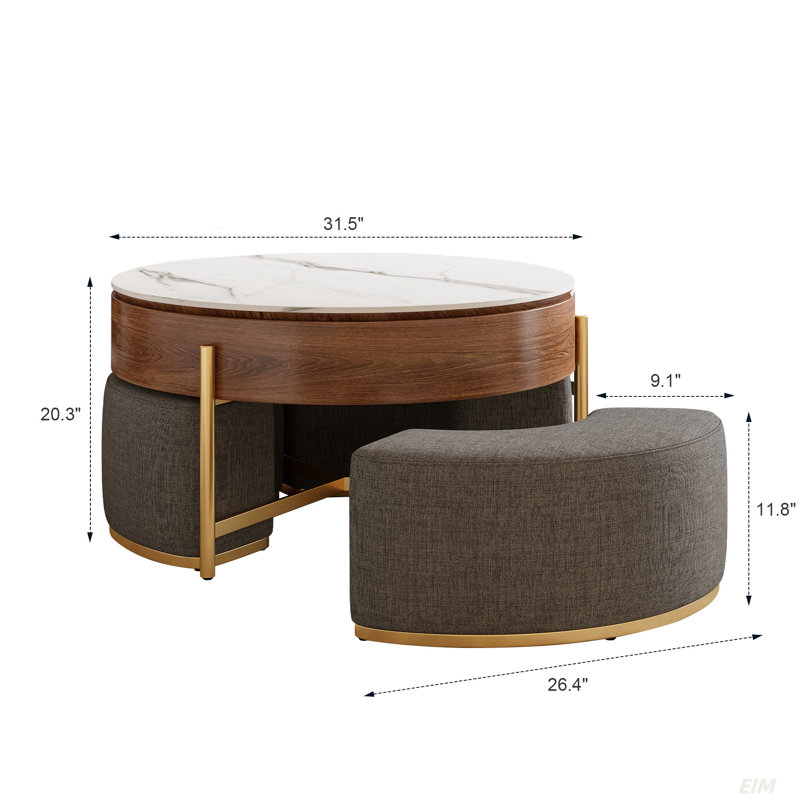  Round Lift Top Coffee Table With Storage, Nesting Table With 3 Stools & Stainless Steel Legs, Light Gray