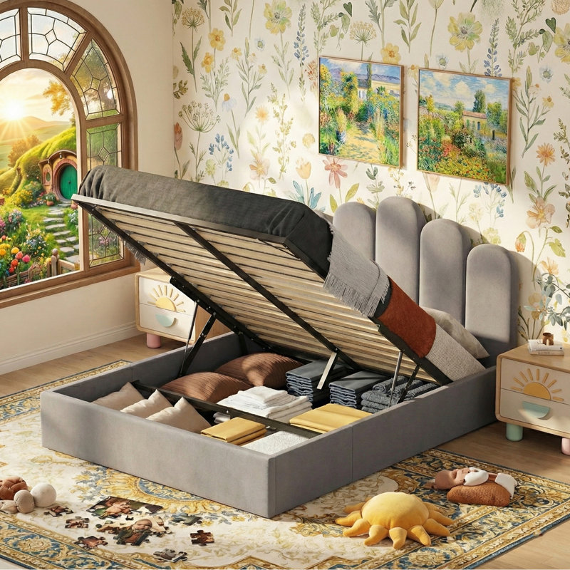 Lit plateforme tapissier Petal Palm, Double, Gris