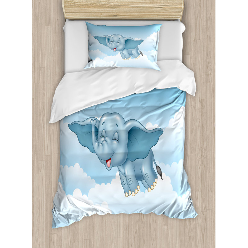 Eclectic Polyester Duvet Cover, Twin Duvet Cover + 1 Pillow Sham, Flying Elephant