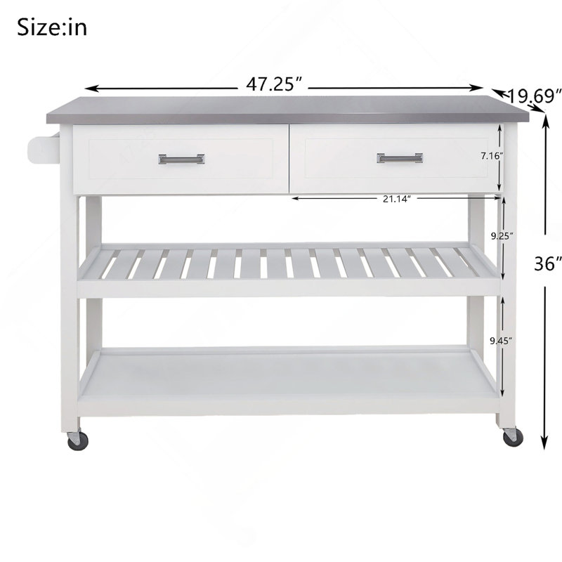 Chariot Kicthen blanc avec deux tiroirs et plateau en acier inoxydable