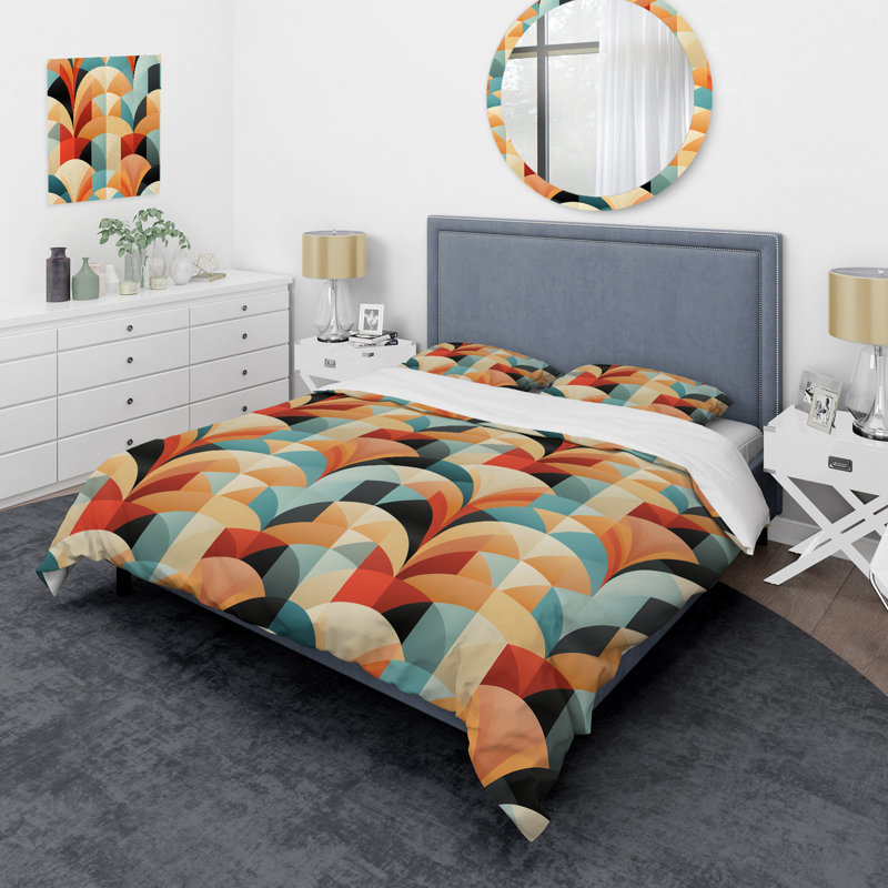 Ensemble de housse de couette Beige Turquoise Retro Revival, Housse de couette pour très grand lit et 2 très