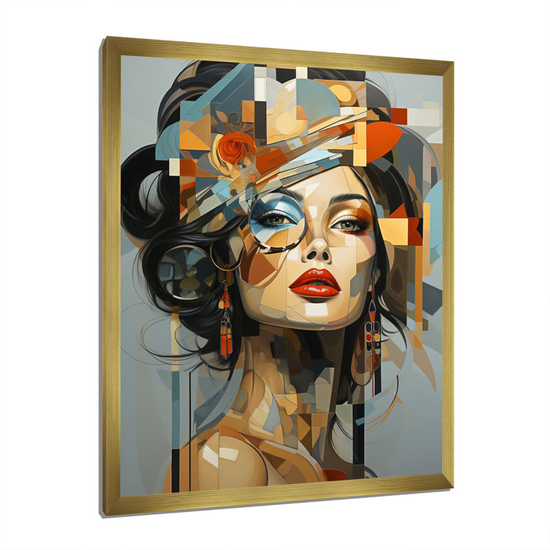 «Glam Harmonious Cubist Woman Portrait I», art mural sur toile tendance, Cadre photo unique, H 44 po x l 34 po, Gold