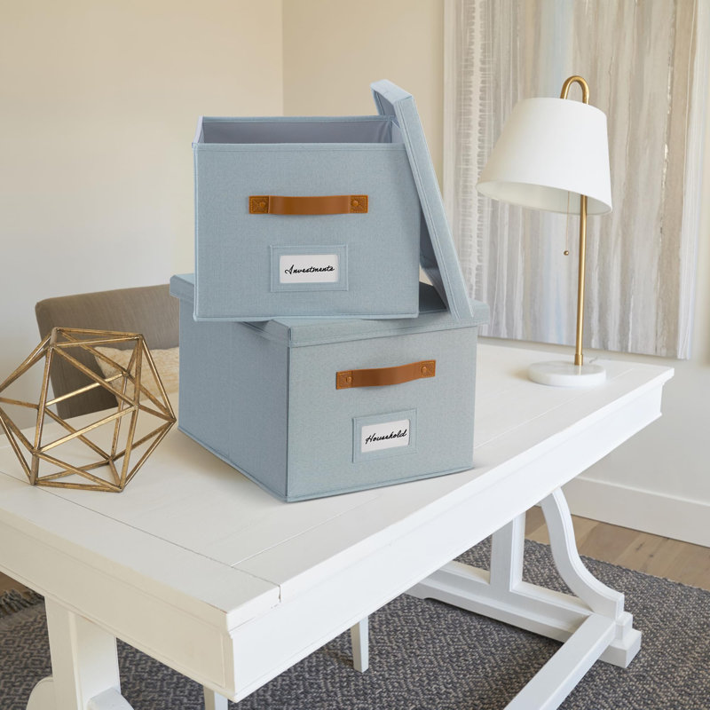 Decorative File Organizer Box Set Of 2 - Collapsible Linen Filing Cabinets W/Handles Are Perfect To Store All Your Documents & Hanging File Folders - Portable Easy Slide Crates With Lid