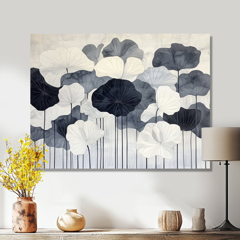 Étang de lotus gris - Impression sur toile encadrée de feuilles, H 16 po x l 32 po, Toile tendue