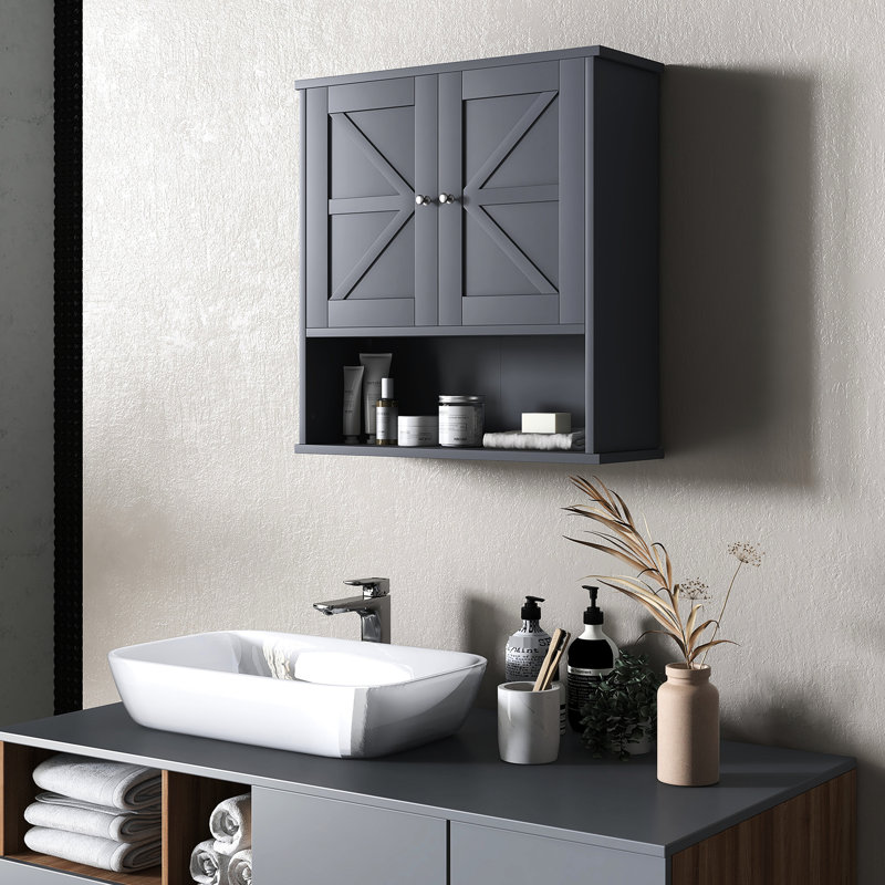 Salle de bain murale grise avec tablettes de rangement tactiles et réglables pour une organisation simplifiée
