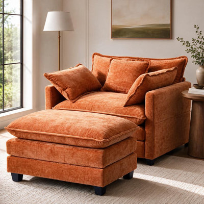 40" Oversized Chenille Accent Chair with Ottoman, Deep-Seat Upholstered Armchair with Throw Pillows