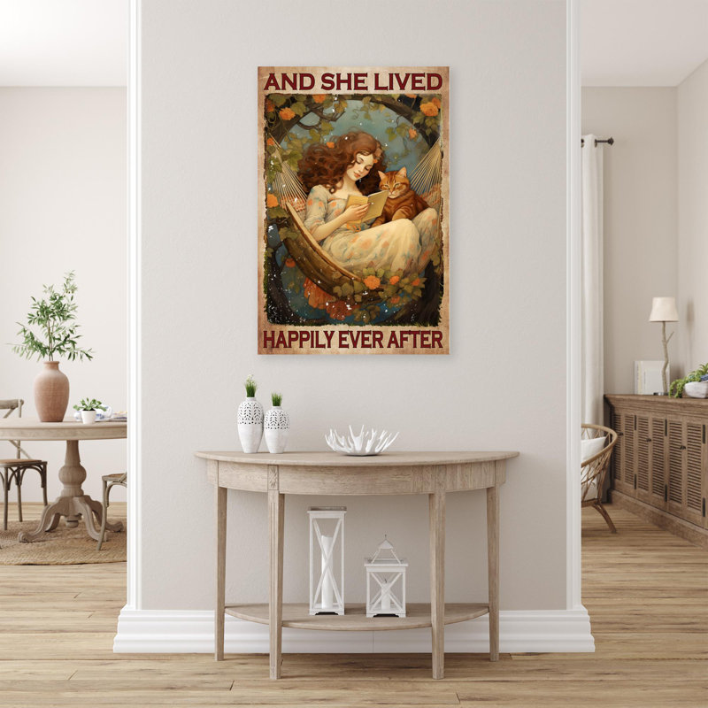Cat And She Lived Happily Ever After - 1 Piece Rec " Cat And She Lived Happily Ever After - 1 Piece Rectangle Graphic Art Print On Wrapped Canvas "