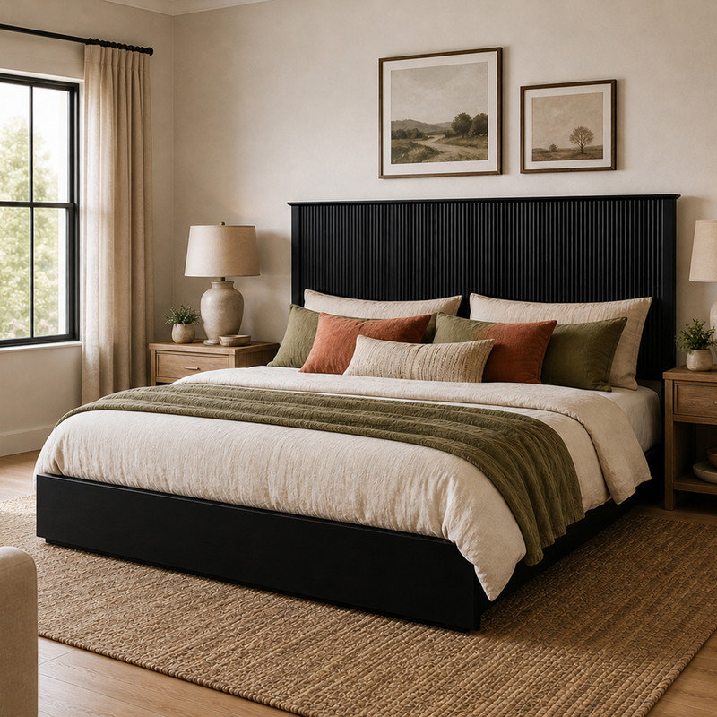 Modern Solid Wood Platform Bed Frame with Fluted Headboard, Black, King