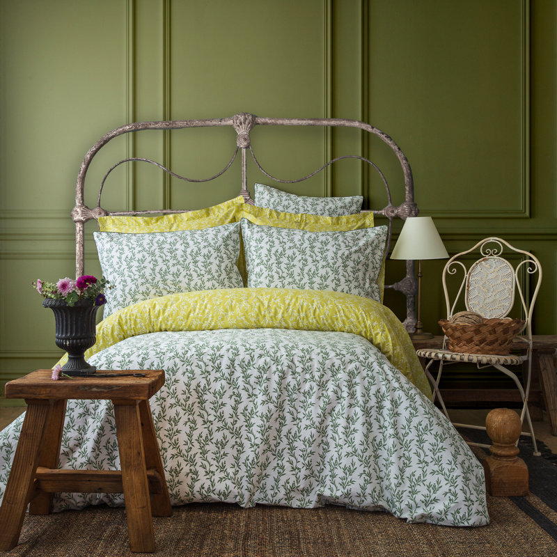 Cotton Duvet Cover with Pillowcases, Olive Green, Floral, Kingsize - 2 Standard Pillowcases