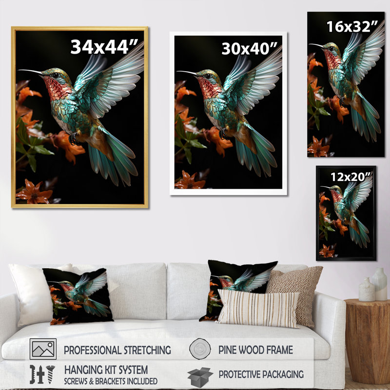 Teal Orange Animal Hummingbird - Animals Wall Art Living Room, H 40 po x l 30 po x P 1,5 po, Cadre flottant noir