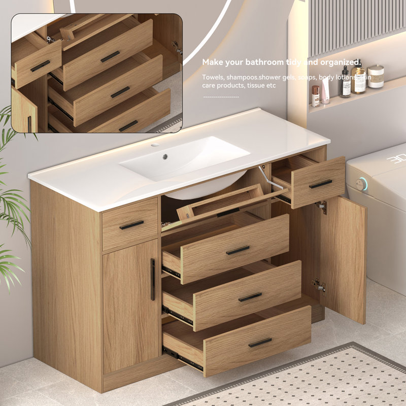 Armoire de rangement pour salle de bain avec 2 portes à fermeture douce et 6 tiroirs, Marron clair