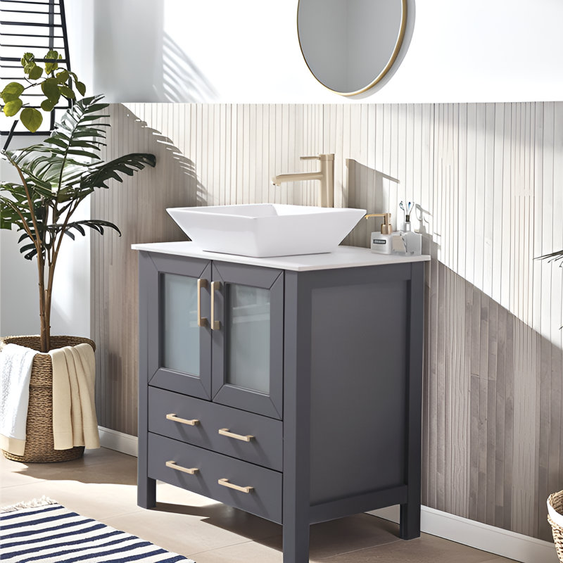 30''Grey Modern Freestanding Bathroom Vanity With Ceramic Top, Gold