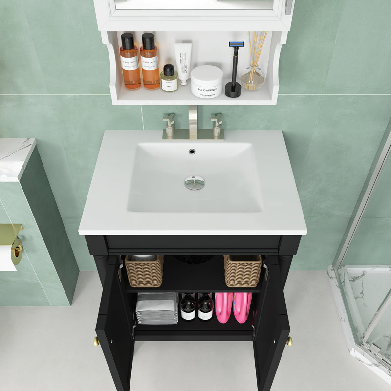 Meuble-lavabo moderne 24 po avec lavabo supérieur, meuble-lavabo à 2 niveaux, meuble-lavabo simple, grandes tablettes de rangement, noir