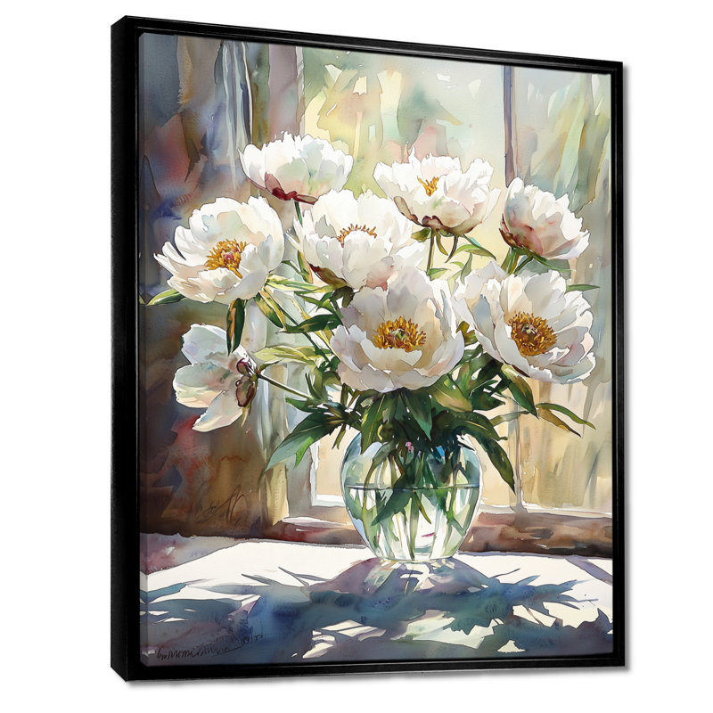 Pivoines et ombres géométriques II - décorations murales pivoines, Noir, Reproduction avec cadre flottant, H 20 po x l 12 po