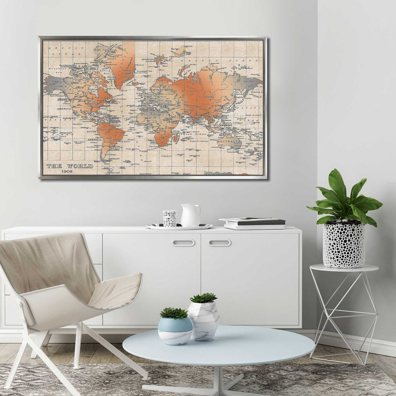 Carte du monde par Elizabeth Medley - impression, H 39,5 po x l 63,5 po x P 2 po, Cadre flottant argent