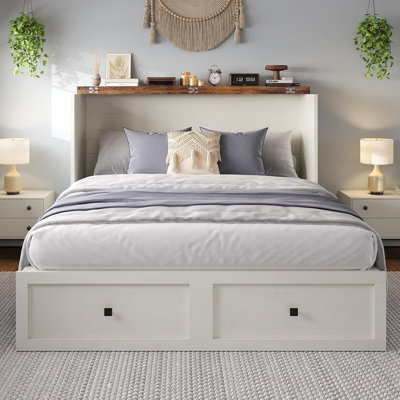 Farmhouse Queen Murphy Bed with Charging Station & Easy Fold-Down - 900lbs Capacity Heavy Duty Murphy Bed Cabinet with Storage for Living Room, Bedroom, Office