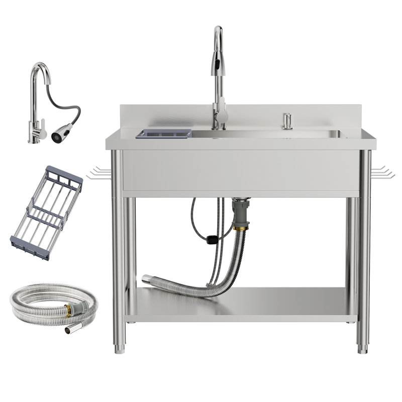 Évier utilitaire autoportant 29,5 po en acier inoxydable avec robinet rétractable et tablette de rangement