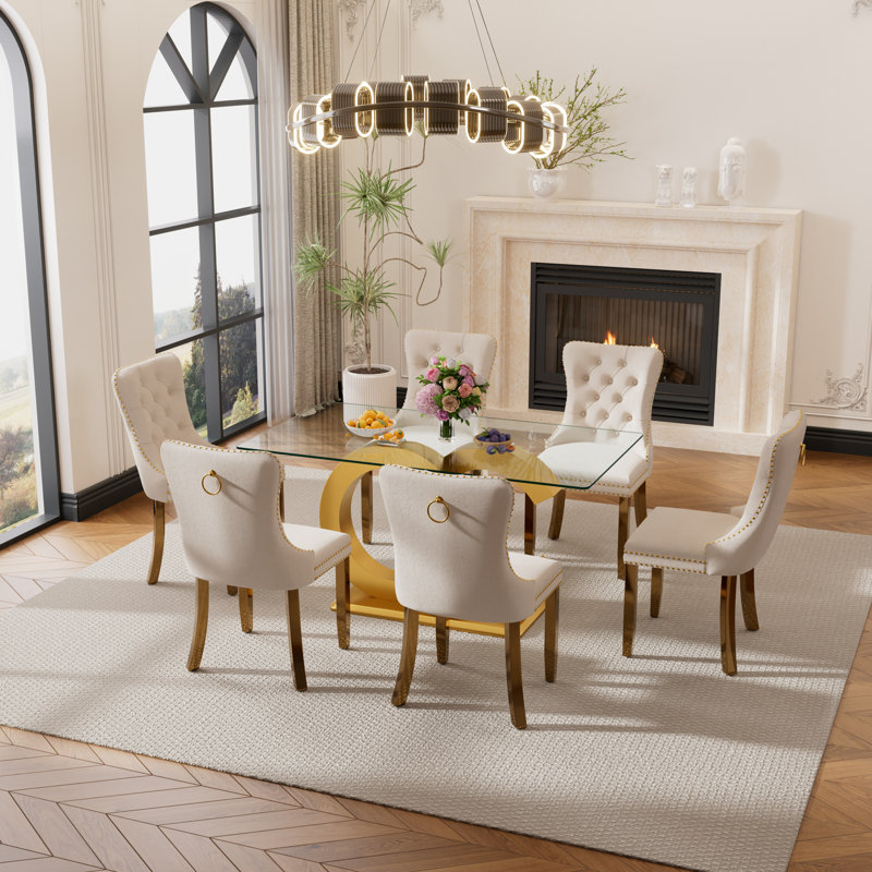 Ensemble de salle à manger rectangulaire Khaleil, Beige, 7