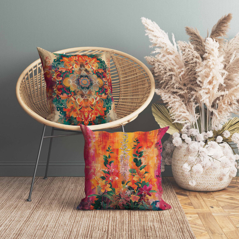 Coussin Verdant Fire, Rose / Orange, Carré 16 po