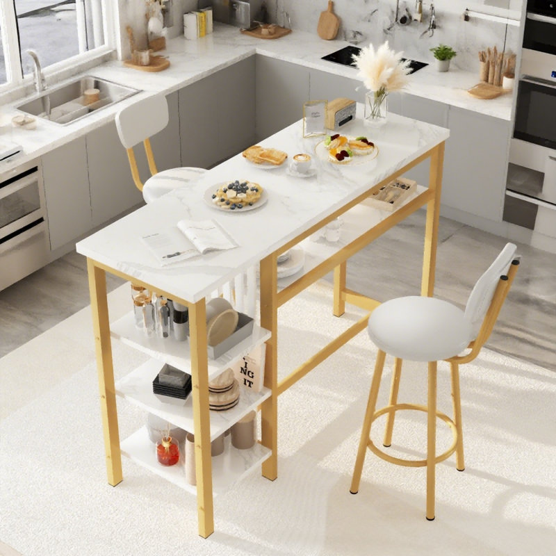 Bar Table Set For 2 With 4 Storage Shelves, 47" Modern Faux Marble Breakfast Table And 2 Upholstered  Counter Stools W/ Backrest And Footrest, 3-Piece Dining Set For 2, Space Saving Bar Height Table And Chairs For Kitchen,Dining Room, Living Room, Stud