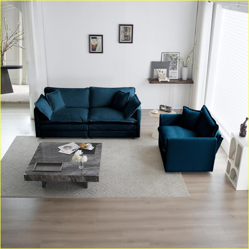 Causeuse 2 pièces Sofas Couches & amp; Ensemble de chaises, structure en bois massif pour le salon, la chambre à coucher | Bleu marine | Chenille