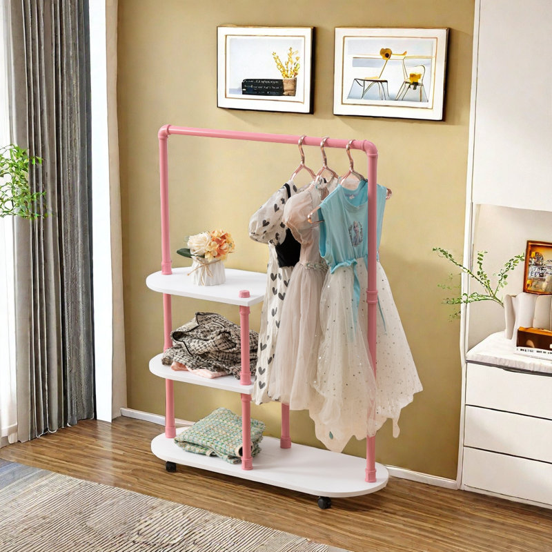 Kids Clothing Rack - Kids Costume Garment, Bottom Storage Shelf, Small Metal Dress Up Rack For Baby, Toddler, Children, Girls - Pink