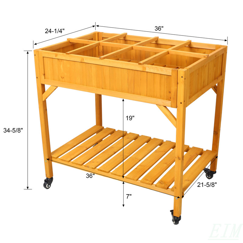 Elevated 8 Pocket Herb Garden Bed, Mobile Raised Customizable Wood Planter For Herbs, Vegetables, Flowers W/ Lockable Wheels, Storage Shelf, Drainage Holes