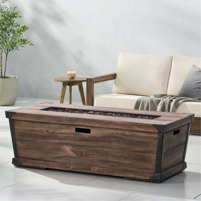 Foyer de table rectangulaire 56 po - Foyer d'extérieur au gaz pour terrasse, 50 000 po, marque rustique brun imitant le bois, fosse en béton léger de 56 po rectangulaire, sans assemblage