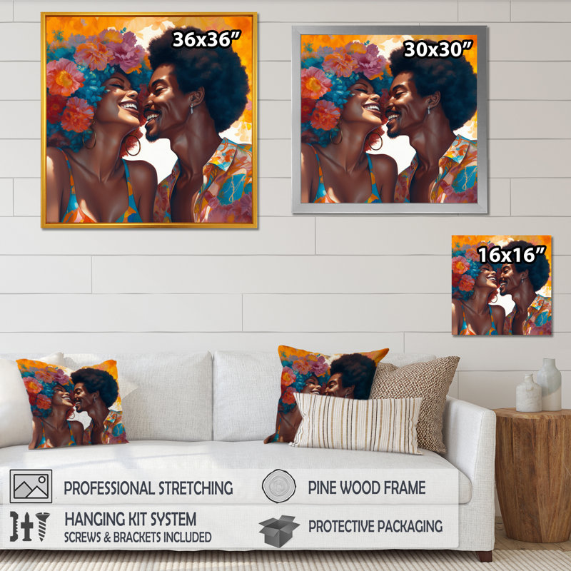 Beautiful Black Couple In Love II - Art mural romantique, H 16 po x l 16 po x P 1 po, Cadre flottant doré