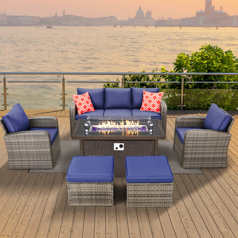 Wicker/Rattan 7 - Person Seating Group with Fire Pit Table, Navy Blue