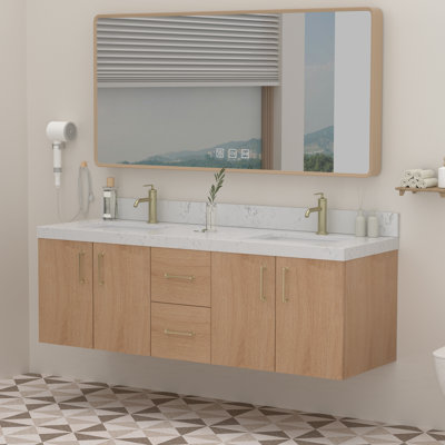 60 In. Modern Wall-Mounted Double Sink Bathroom Vanity Cabinet With Engineered Stone Countertop And Ceramic Sinks