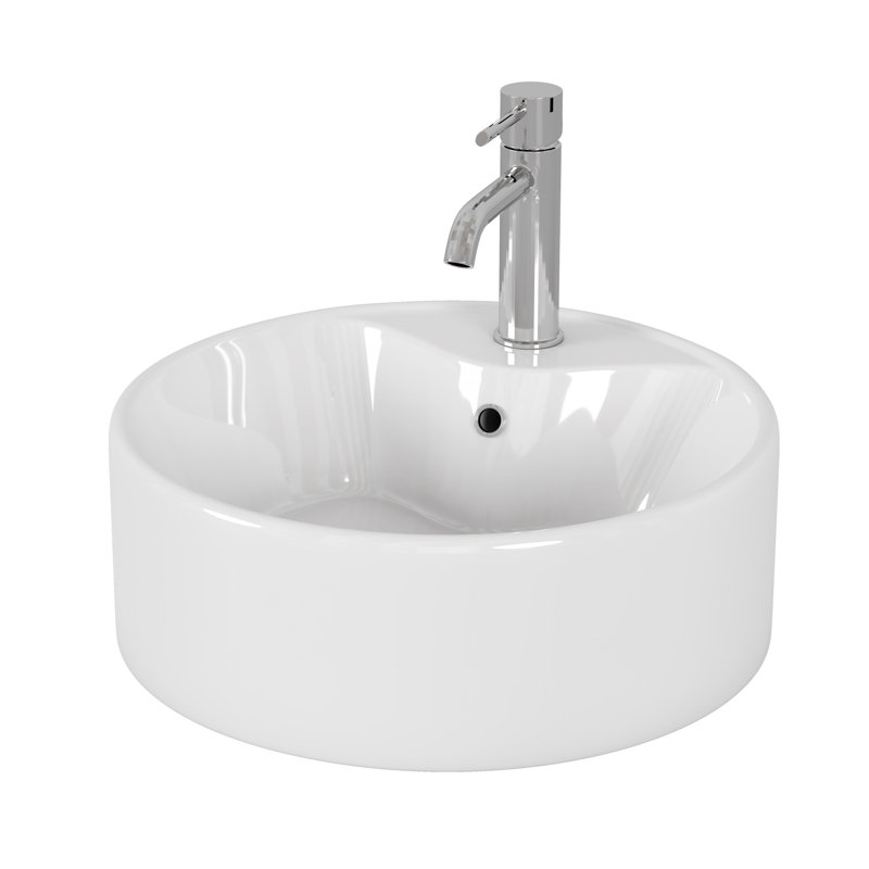 15.7" Bathroom Vessel Sink, Ceramic Round Vanity Sink with Overflow Hole, Glossy White Countertop Basin for Modern Bathroom Renovation