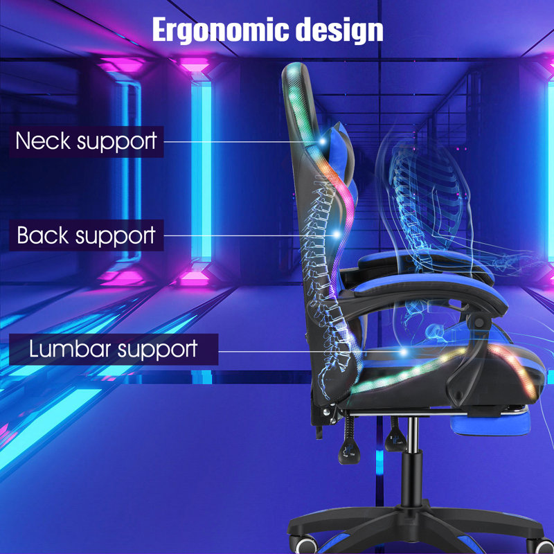 Fauteuil de jeu pivotant et réglable en cuir avec haut-parleurs intégrés Lubluelu, Bleu et noir