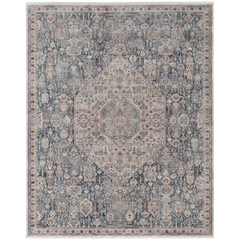 Tapis bleu / ivoire rectangulaire en polyester 4 pi x 6 pi fabriqué à la machine, Rectangle 2 pi x 3 pi