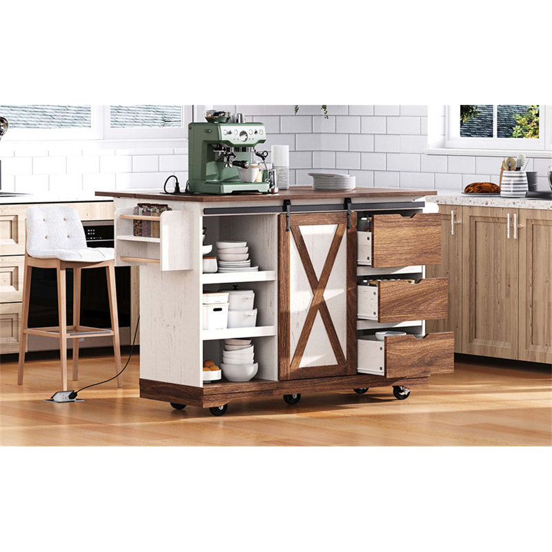 Timeless Farmhouse Kitchen Island With Drop Leaf, Sliding Barn Door, And Built-In Charging Station For Enhanced Storage And Mobility