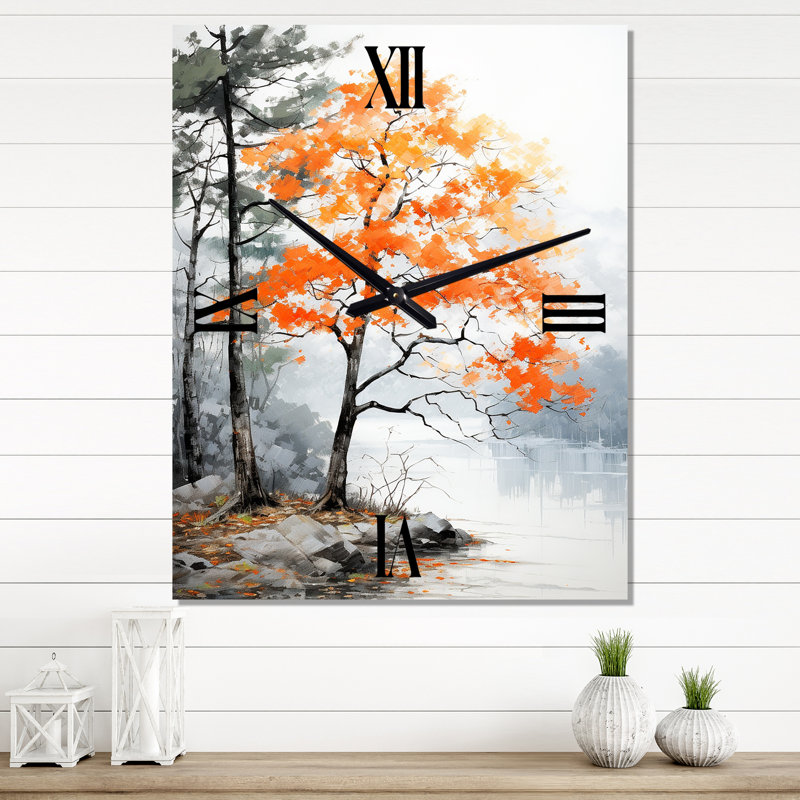Horloge murale orange et grise forêt d'automne Elegance I, H 28 po x l 12 po x P 1 po