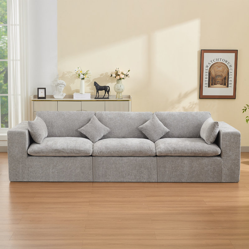Canapé en chenille, H 25,1 po x l 114,9 po x P 41,3 po, Gris clair