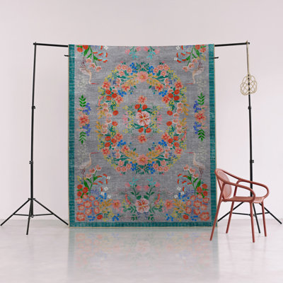 Tapis gris multicolore à motif floral multicolore