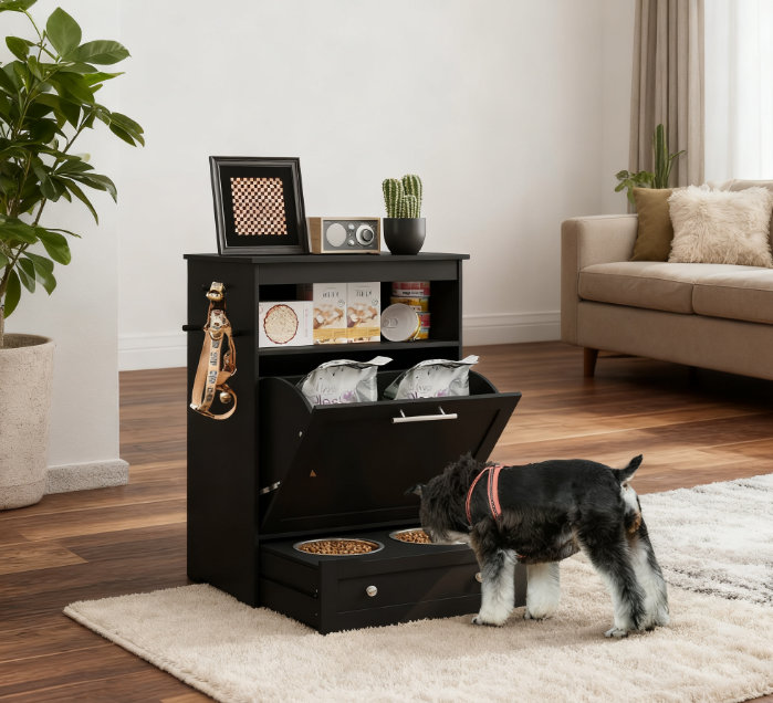 Armoire de rangement pour animal de compagnie, bols surélevés pour chien, noir, Noir