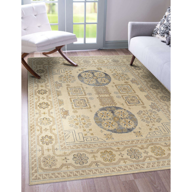 Tapis d'intérieur rectangulaire beige en laine noué à la main de style traditionnel et élégant Khotan
